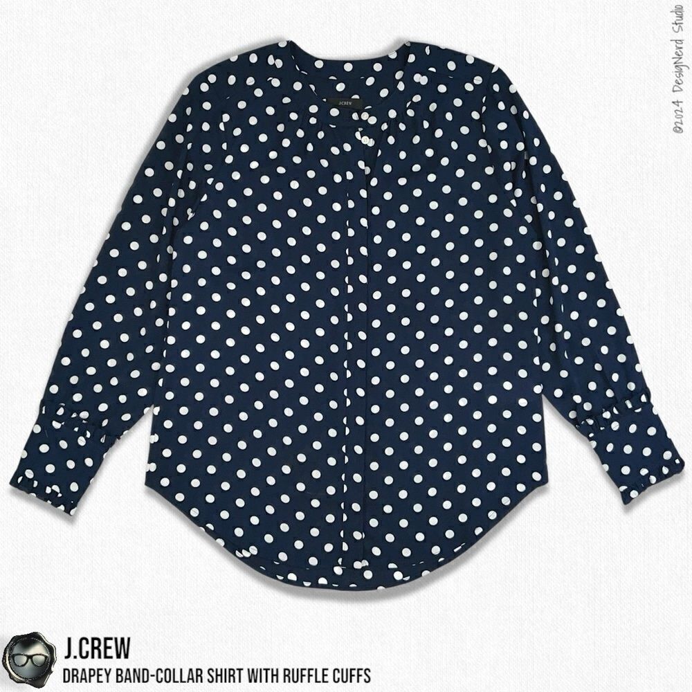 J.CREW DRAPEY RUFFLE CUFF BAND-COLLAR SHIRT IN NAVY WITH WHITE POLKA DOTS SMALL